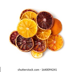 Dried Slices Of Orange And Blood Orange Isolated On White Background. Dry Lemon, Tangerine And Sicilian Orange Top View