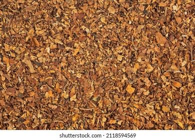 Dried smoking tobacco as background, macro. Freshly cut tobacco texture, top view.