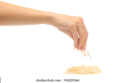 Dried squid in a hand on a white background isolation