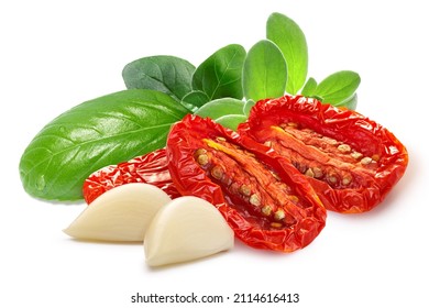 Dried Or Sundried Tomato Halves With Herbs And Garlic Isolated