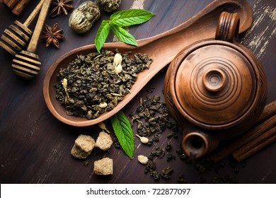 Dried Tea Leaves With Tea Pot