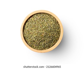 Dried Thyme leaf in wooden bowl isolated on white background. Top view. Flat lay. Clipping path. - Shutterstock ID 2126604965