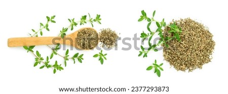 Dried thyme leaves in the wooden spoon, with fresh thyme isolated on white background. Top view
