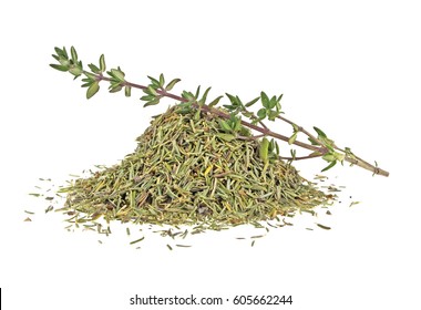 Dried Thyme And Thyme Sprig Isolated On White Background