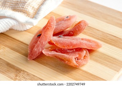 Dried Tropical Organic Natural Passion Fruit With Sugar On The Wooden Board Background In The Kitchen