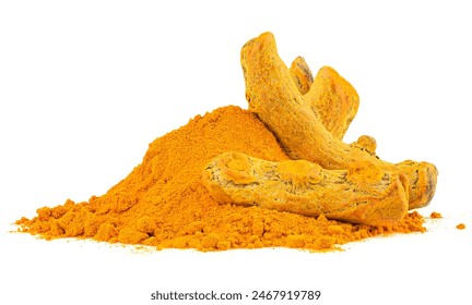 Dried turmeric roots with turmeric powder pile isolated on a white background - Powered by Shutterstock