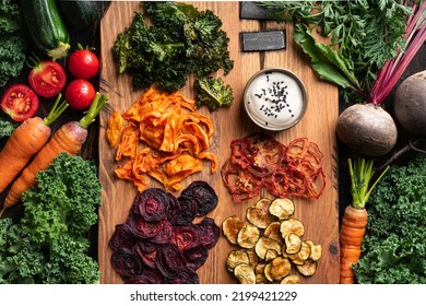 Dried Vegetables Chips From Beets, Carrots, Zucchini, Kale, Tomatoes, Top View