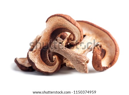 Dried white mushrooms on a white background. Dried porcini mushrooms. Isolated on white background.