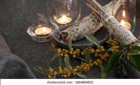 Dried white sage smudge stick, relaxation and aromatherapy. Smudging during psychic occult ceremony, herbal healing, yoga or aura cleaning. Essential incense for esoteric rituals and fortune telling. - Shutterstock ID 1864804831