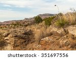 Dried yucca plant reaching above horizon and surrounded by large boulders, arid cliffs and juniper brush in Palo Duro Canyon in Texas High Plains Panhandle.