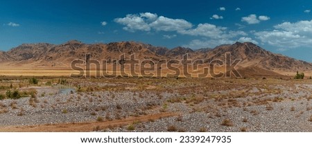 Dried-up river bed on mountains background at summer, Kazakhstan and Kyrgyzstan panoramic view