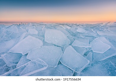 Drift ice, also called brash ice at Sunset. Markermeer in The Netherlands
