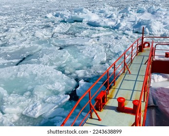 Drift ice and icebreaker in Monbetsu, Hokkaido