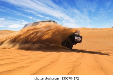 Drifting offroad car 4x4 in desert. Freeze motion of exploding sand powder into the air. Action and leasure activity. - Powered by Shutterstock