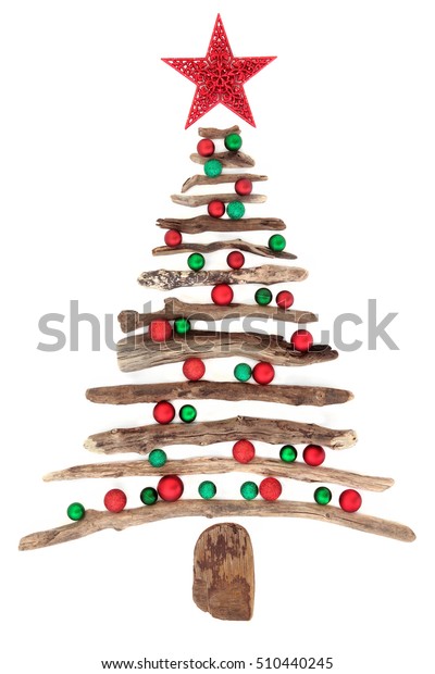 Driftwood Christmas Tree Star Red Green Stock Photo Edit Now