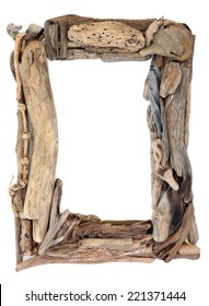Driftwood frame over a white background.