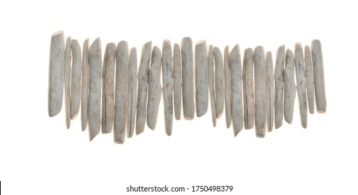 Driftwood. Row Of White Sea Snags.white Pieces Of Wood Isolated On White Background. Interior Decor In A Marine Style. Flat Lay, Top View