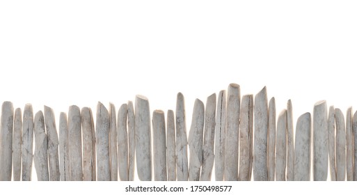 Driftwood. Row Of White Sea Snags.white Pieces Of Wood Isolated On White Background. Interior Decor In A Marine Style. Top View