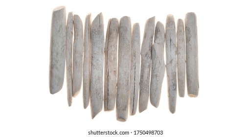 Driftwood. Row Of White Sea Snags.white Pieces Of Wood Isolated On White Background. Interior Decor In A Marine Style. 