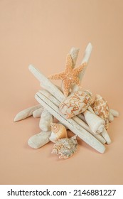 Driftwood Sticks, White Starfish And White Fishing Net On Beige Cream Background.Natural Wood Decor In A Nautical Style.Summer Sea Composition