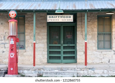 DRIFTWOOD, TEXAS - MARCH 17: 1920s era Texaco gasoline station in Driftwood, Texas V March 17, 2013. The near ghost town is home to the famous Salt Lick BBQ, Lazy 8 Ranch, and Driftwood Estate Winery.