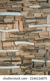  Driftwood Texture.driftwood Background.Natural Wood Decor In A Nautical Style.row Of Sea Snags On Blue Background. Flat Lay, Top View.