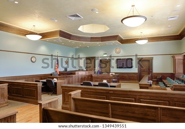 Driggs, Idaho, USA Oct. 10, 2014 The interior of\
an American courtroom woth council desks, judges bench, jury box,\
and gallery.