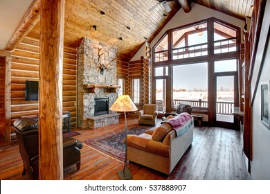 Driggs, Idaho, USA Oct. 27, 2014 A luxurious living room, with comfortable furnishings, in a modern log cabin in the mountains.