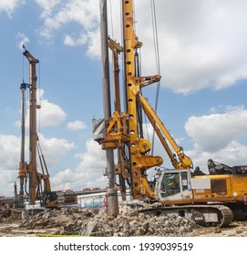 Drill, Bore Pile Rig Machine At The Construction Site On Blue Sky Background