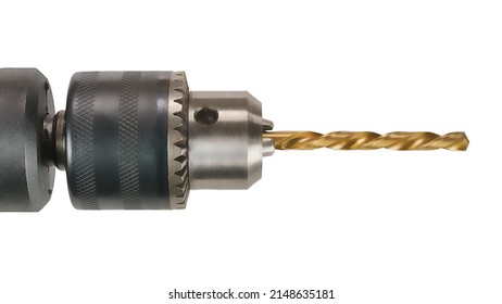 Drill Chuck With Drill Close Up. Isolated On White, Clipping Path Included