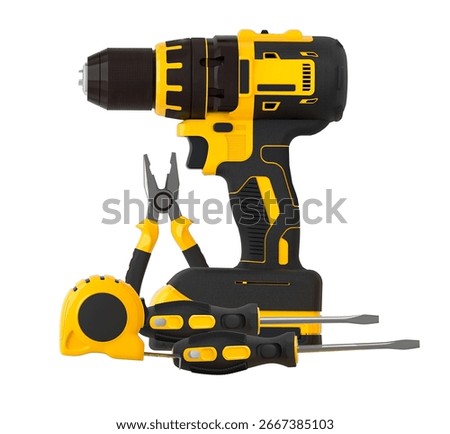 Drill and Hand Tools Set Isolated on White Background.