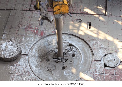 Drill Pipe And Top Drive On The Rig Floor While Making Up For Drilling With Dirty Water Based Mud