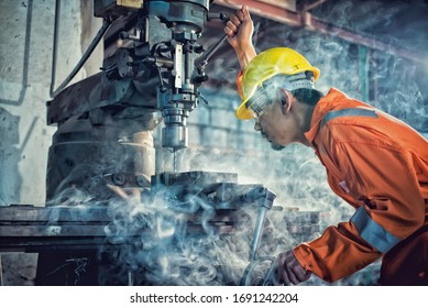 Drill Press Drilling A Steel Plate Male Metal Worker Using Drillpress