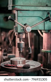 Drill Press Machine With Work Piece In Workshop  No People