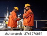 Drilling barge engineer using two way radio to coordinate emergency response procedures. Offshore platform worker facilitating quick communication with technical team during late shift operations