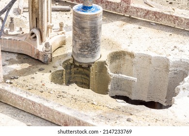 Drilling Holes In Concrete Floor Or Ceiling With Drill Rig And Drill Bit, Selective Focus