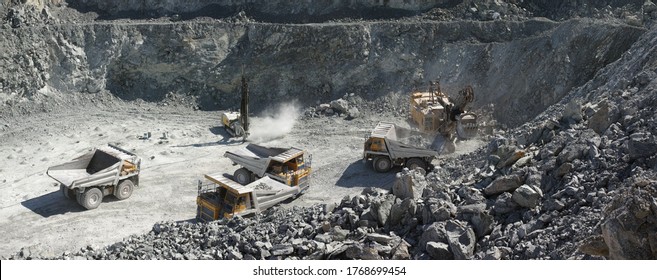 Drilling machine, excavator and several dump trucks while loading a stone: heavy mining equipment while working in a slate quarry, panorama.