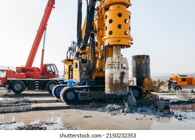 Drilling Rig On A Construction Site. Drilled Piles For The Bridge Foundation. 