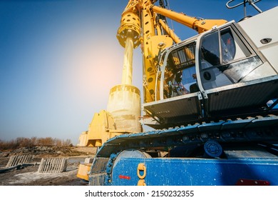 Drilling Rig On A Construction Site. Drilled Piles For The Bridge Foundation. 