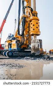 Drilling Rig On A Construction Site. Drilled Piles For The Bridge Foundation.	
