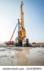 Drilling Rig On A Construction Site. Drilled Piles For The Bridge Foundation. 