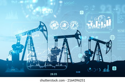 Drilling rig, quarrying oil and stock market hud with numbers and candlesticks. Financial data with chart and analysis. Concept of mining