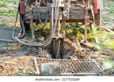 Drilling Rig For Drilling Water Wells And Producing Drinking Water For Residential Premises. Pumping Dirty Water Out Of The Well