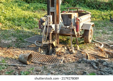 Drilling Rig For Drilling Water Wells And Producing Drinking Water For Residential Premises. Pumping Dirty Water Out Of The Well