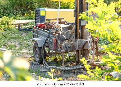 Drilling Rig For Drilling Water Wells And Producing Drinking Water For Residential Premises. Pumping Dirty Water Out Of The Well