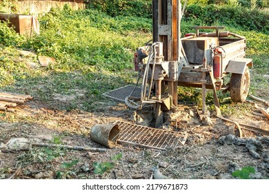 Drilling Rig For Drilling Water Wells And Producing Drinking Water For Residential Premises. Pumping Dirty Water Out Of The Well