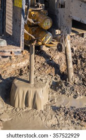 Drilling Thru Hard Rock, Geotechnical Drilling Compact Rig At Work. Selective Focus.