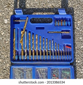 Drills bits tool set in blue plastic box