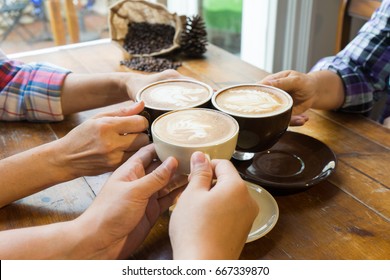 Drink Coffee Enjoy With Friend By Latte Art Coffee And People Meeting Friendship Togetherness Coffee Shop Concept.