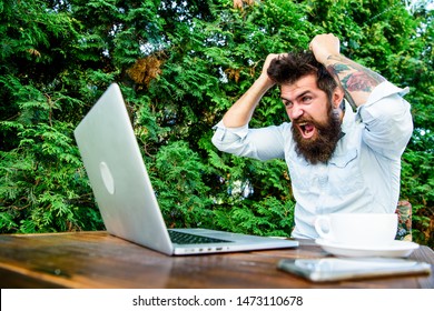 Drink coffee and work faster. Deadline is coming. Bearded man freelance worker. Remote job. Freelance professional occupation. Hipster busy with freelance. Wifi and laptop. Slow internet irritating.